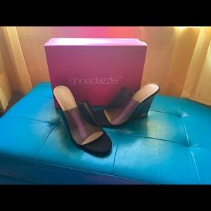 Black transparent wedge mule heels by shoe dazzle